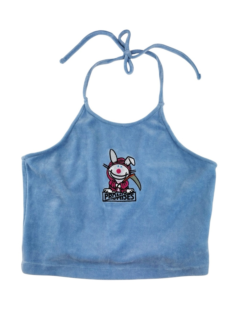 Broken Promises It's Happy Bunny Halter Top Women's Size Medium Blue Velvet
